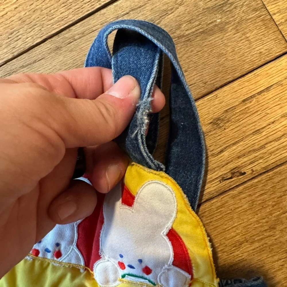 Vintage Blue Overalls with Colorful Bunny Embroidery of Just Like Daddy